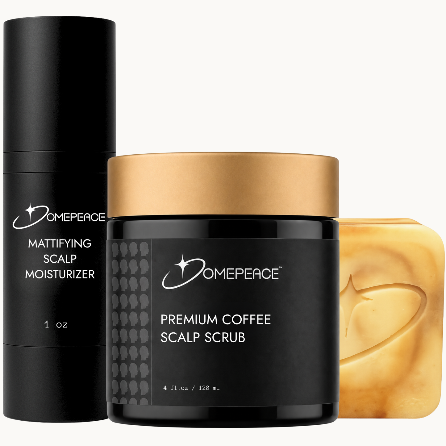 Two scalp care products by Domepeace with a bar of soap on a white background